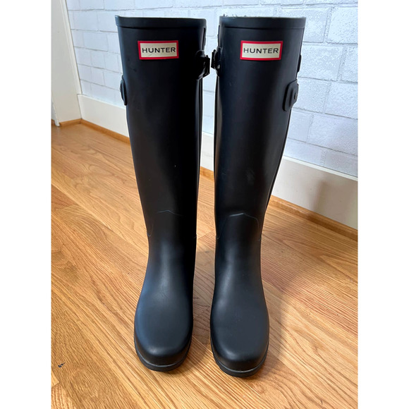 Hunter Original 6 Refined Back Strap Contrast Tall Wellington Rain Boots Black - Picture 4 of 9